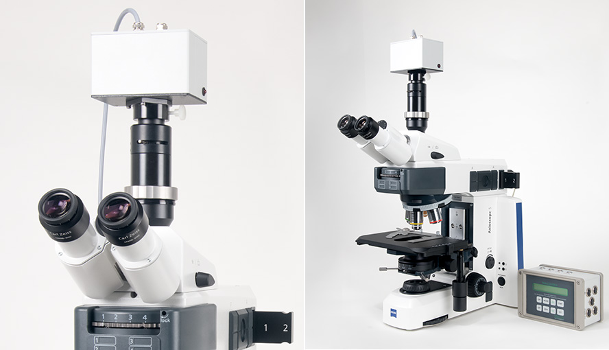 MICROSCOPY-PAM version with photomultiplier detector PM-MF on a Zeiss Axioscope 5 microscope.