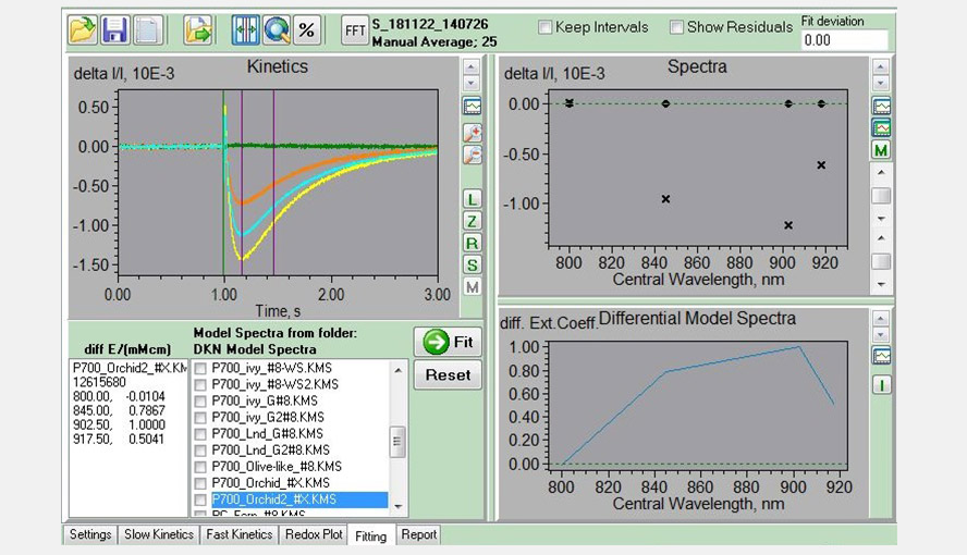 Screenshot of the Fitting window. Experiment with a Phalaenopsis leaf used to determine the P700-DMP (light adaptation leaf, FR-light, 1 ms MT with FR background light) shown in the left panel. The four traces (sea green, green, yellow and orange) represent the measurements of the four wavelength pairs. The purple lines give the interval used for analysis and where only P700-redox changes are expected to occur.