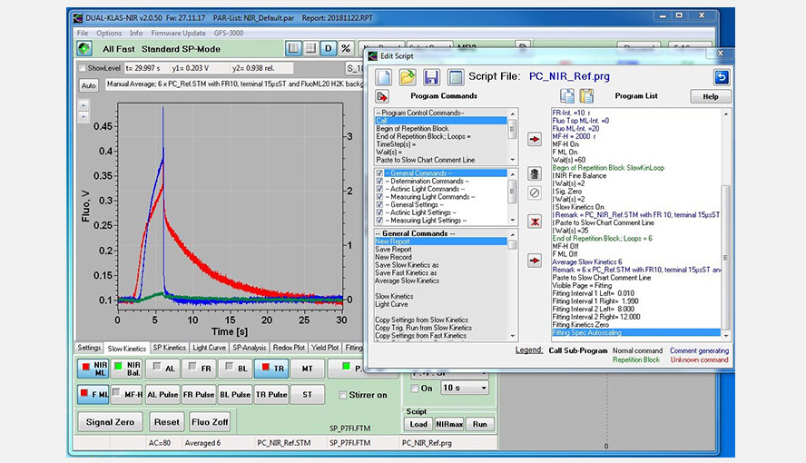 Screenshot of the Slow Kinetics window showing the experiment with a Phalaenopsis leaf to determine the PC-DMP (light adaptation, FR light, Saturating flash followed by a period of darkness). The signals were deconvoluted on the basis of the DMPs of Hedera helix included in the software. The experiment shows clearly that beyond 9 s only changes in the PC redox state occur under these conditions. A script defining the experiment shows up as a pop-up window and was here shifted on top of the Slow Kinetics window.