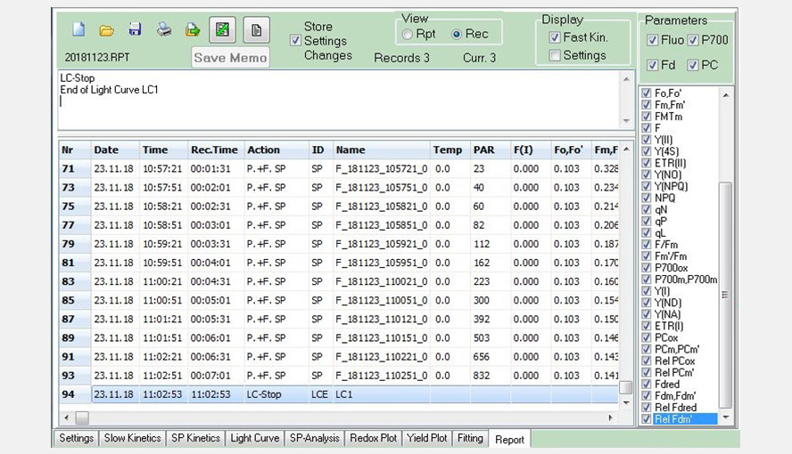 Screenshot of the Report window. The screenshot shows part of the data from a Light Curve experiment saved in a record file.
