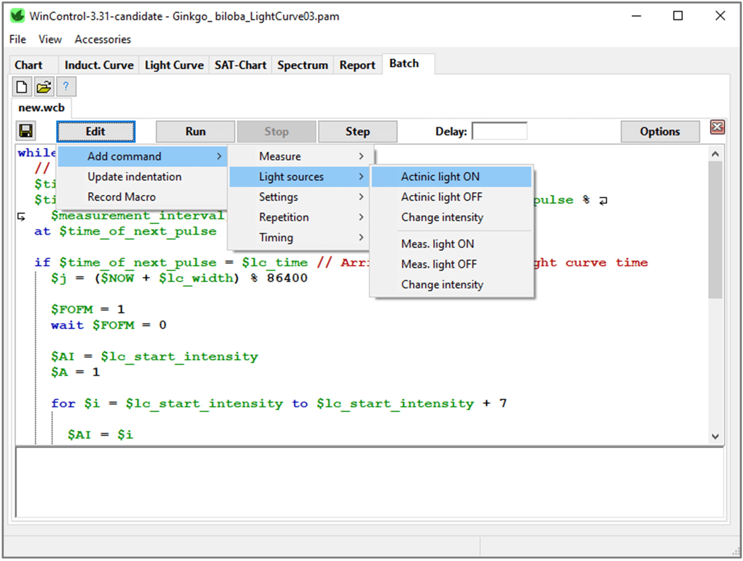 Batch File Window: Batch files execute experiments automatically. Create batch files using the commands provided by drop-down menus (Present command is &ldquo;Switch on actinic light&rdquo;. To write to the batch file, successively click: Edit > Add command > Light sources > Actinic light ON). Also create batch files using the Macro recorder of WinControl-3.