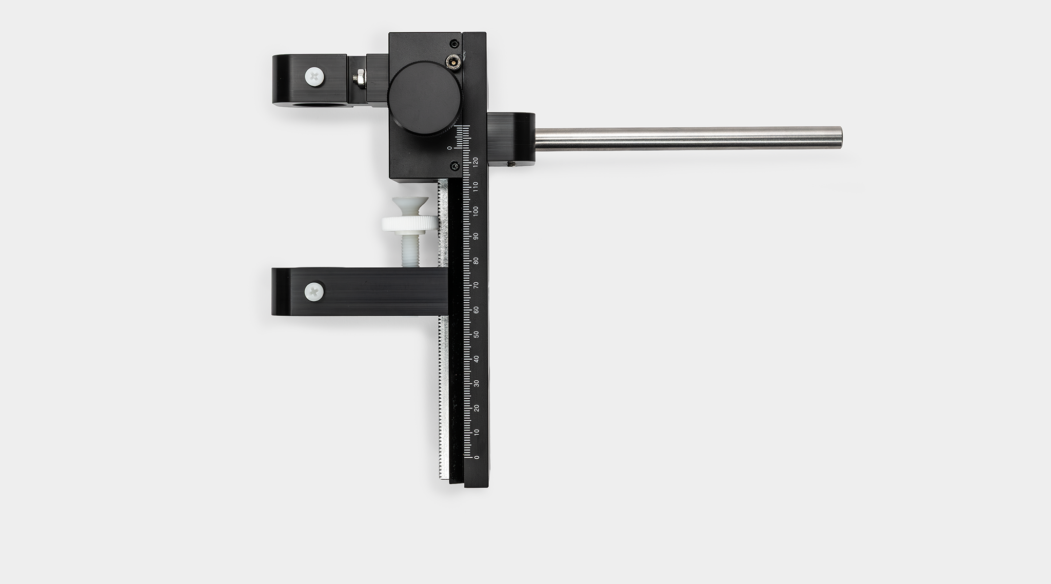3010-DUAL/B adjustable holder with rack-and-pinion drive for precise positioning of two measuring heads for leaf or suspension measurements on linear positioning system
