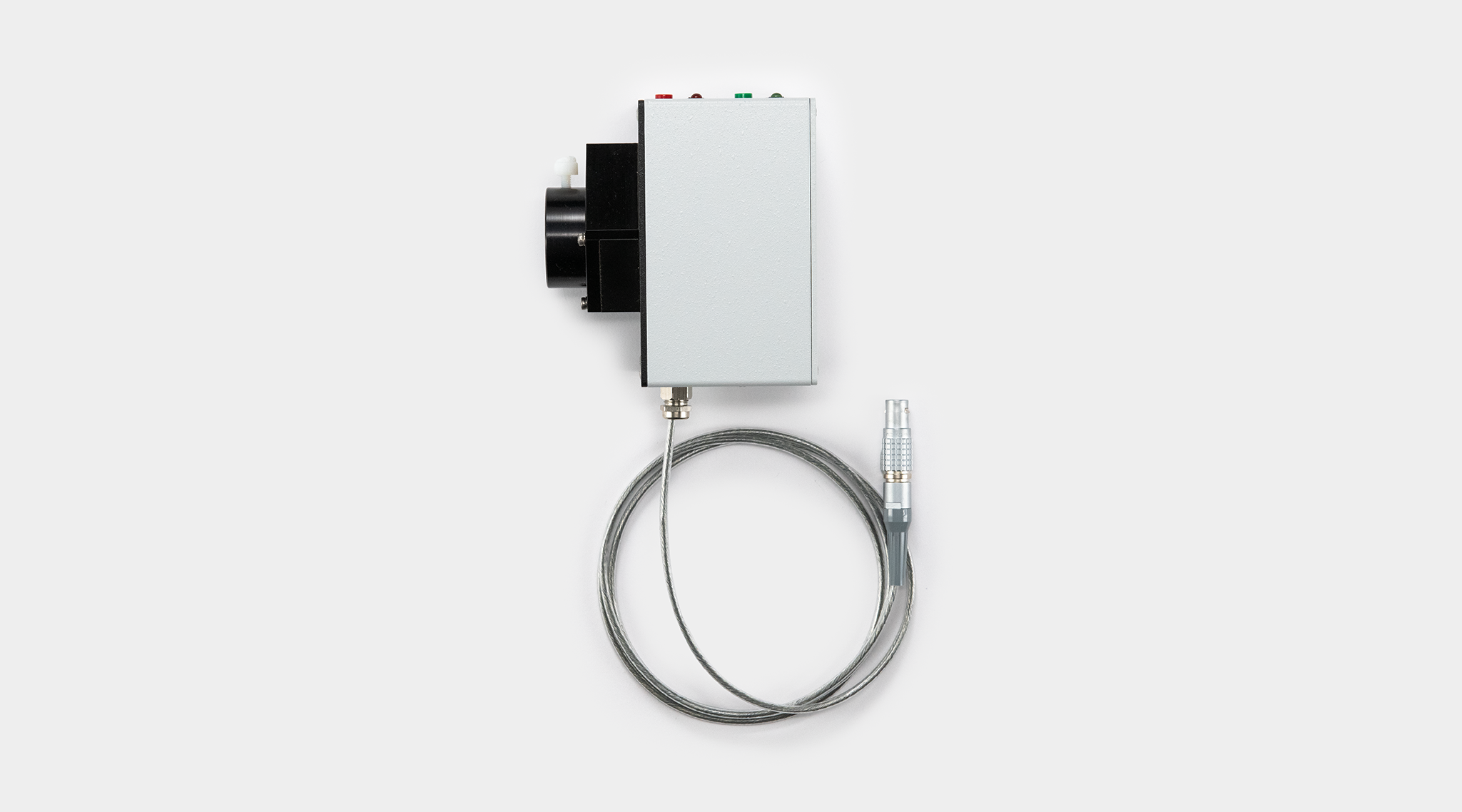 DUAL-DPM photomultiplier detector with white housing, green ON and red OFF push buttons with status LEDs, mounted on ED-101US/MD optical compartment arm