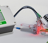 external LED light source emitting red light attached to 2035-B leaf clip on a plant leaf, connected to MINI-PAM-II with multi-channel RGB and white light output