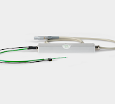flat aluminium sensor housing with L-shaped probe, green and black lead wires with miniature sensor element, grey cable with Lemo connector and yellow cable tag