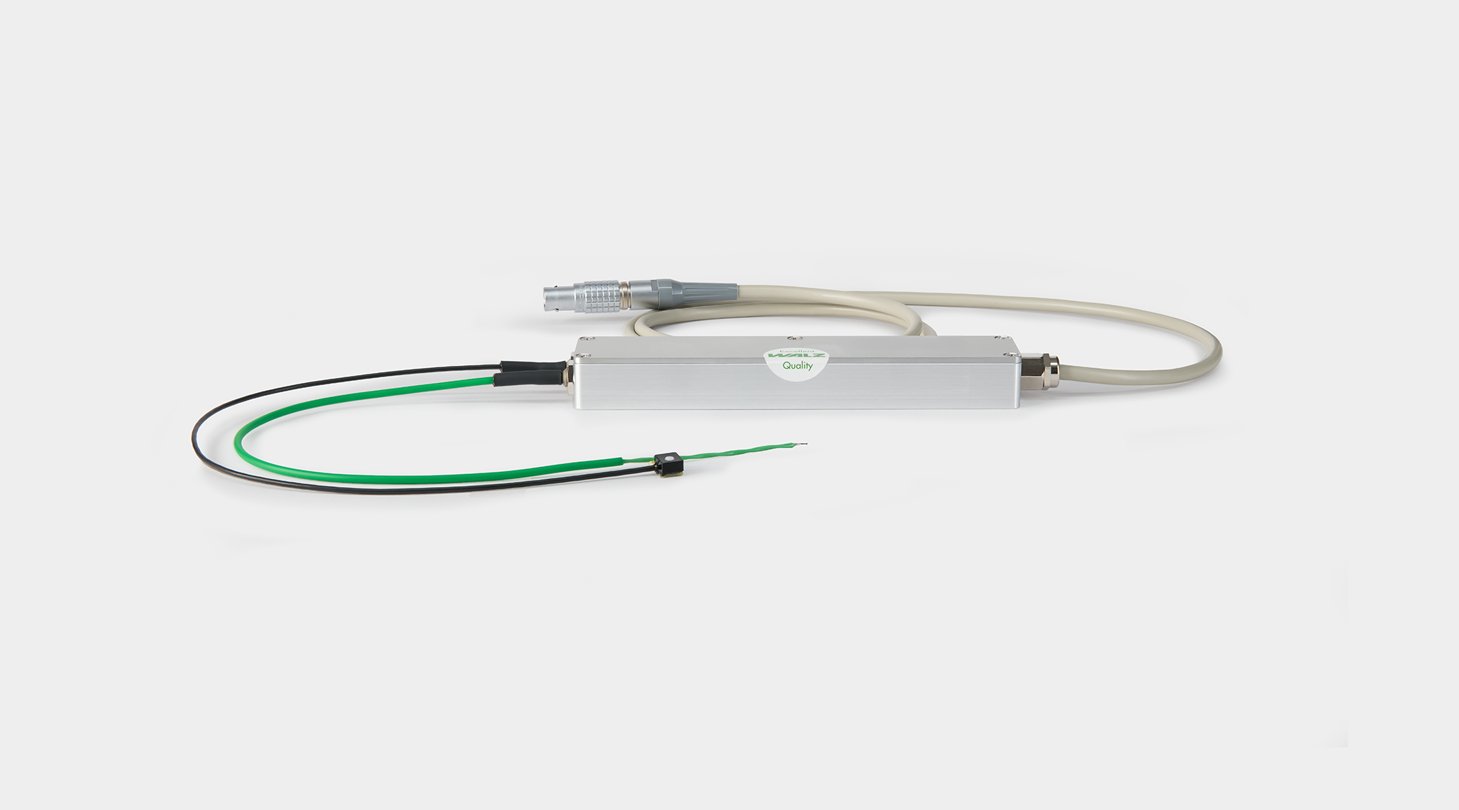 flat aluminium sensor housing with L-shaped probe, green and black lead wires with miniature sensor element, grey cable with Lemo connector and yellow cable tag