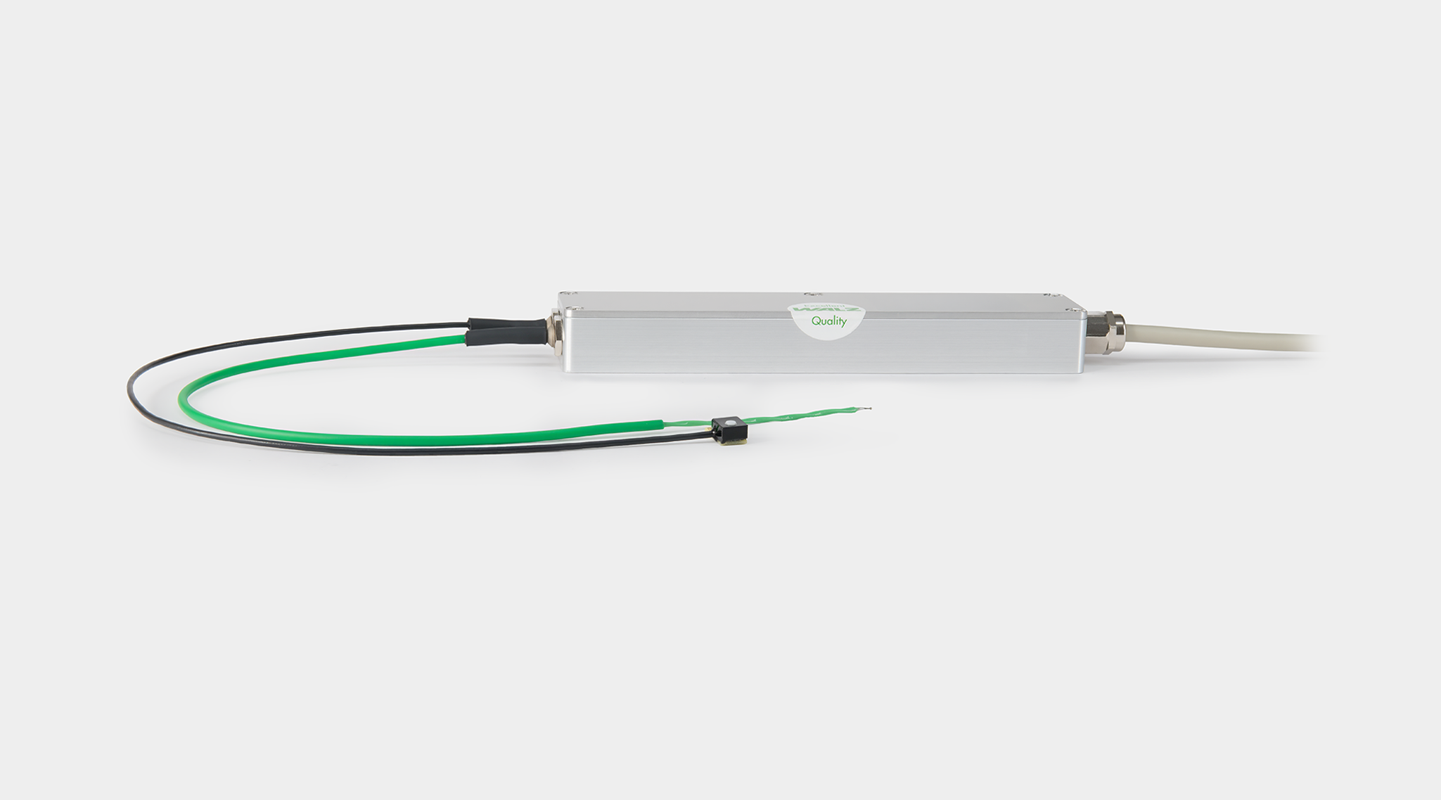 slim aluminium mini quantum and temperature sensor housing with green and black lead wires, miniature sensor element and grey M12 connector cable for use with 2060-B Arabidopsis Leaf Clip or 2060-A Fiberoptics Holder
