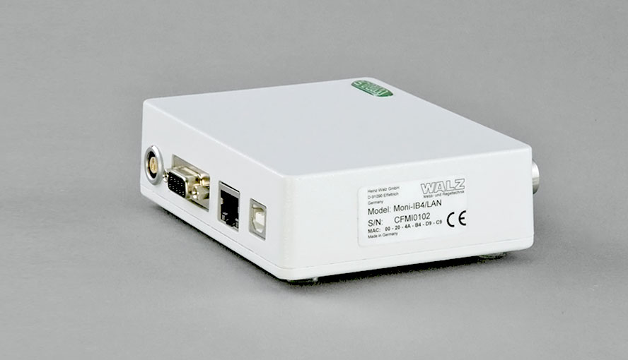PC Interface Box MONI-IB4/LAN: Sockets for power supply, RS232, Ethernet and USB communication (left to right).