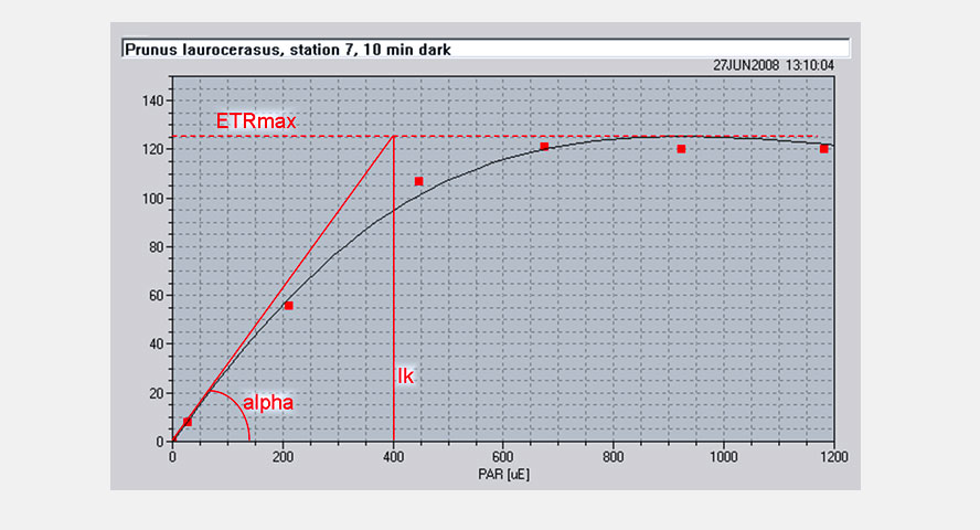The light response experiment consisted of 6 exposure intervals of 3 minutes. At the end of each step, the photosystem II efficiency, Y(II), and light intensity, PAR, were recorded. The relative electron transport rate (ETR, plotted on Y axis versus PAR) was derived from Y(II) and PAR. Fitting a theoretical function to the data points by the PamWin-3 software (black line) yields estimates for alpha (initial slope), ETRmax (maximum ETR), and Ik (PAR above which light saturation of photosynthesis starts).&nbsp;