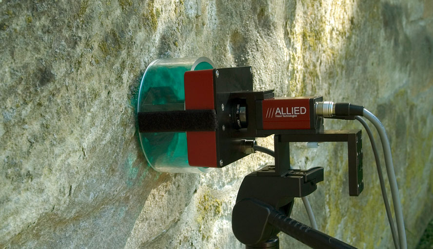 IMAGING-PAM MINI-version with leaf holder mounted on a tripod and positioned against a stone surface